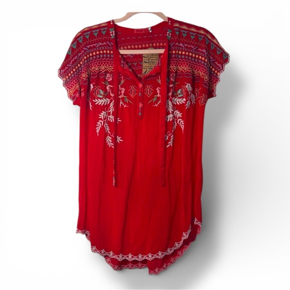 Johnny Was top red Tunic mini dress - Multicolor Embroidered cupro rayon Tag- S Johnny Was top red Tunic mini dress - Multicolor Embroidered cupro rayon Tag- S